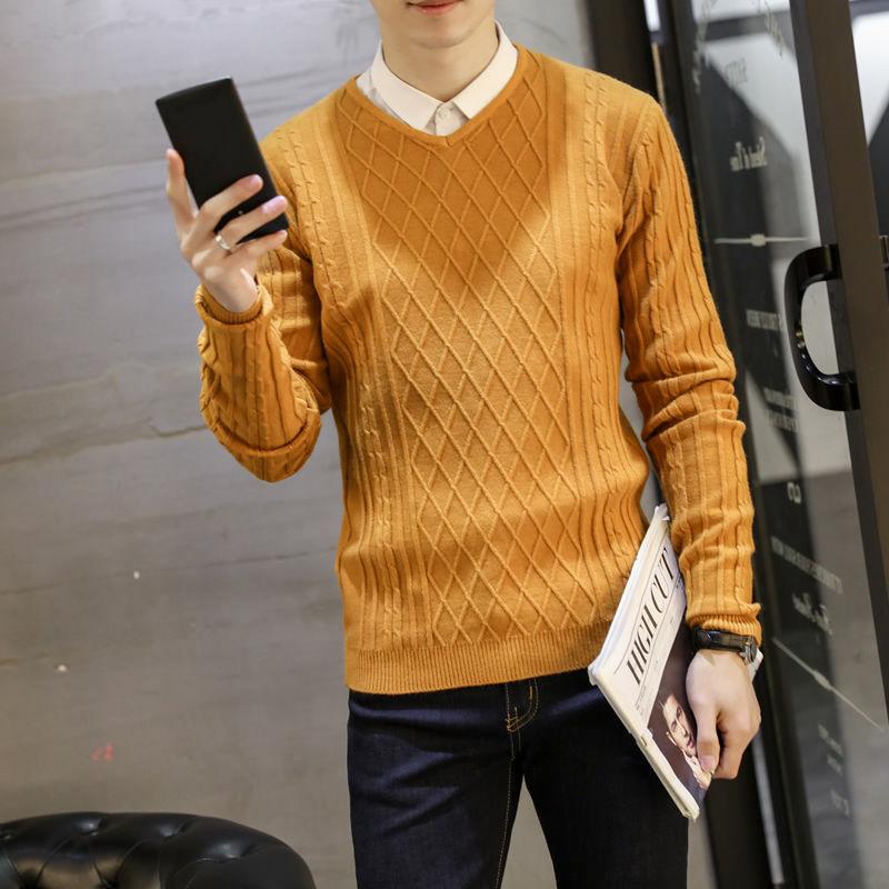 Autumn and Winter Korean Style Slim Men's Trend Solid Color Sweater Men's Fashion V-neck Pullover
