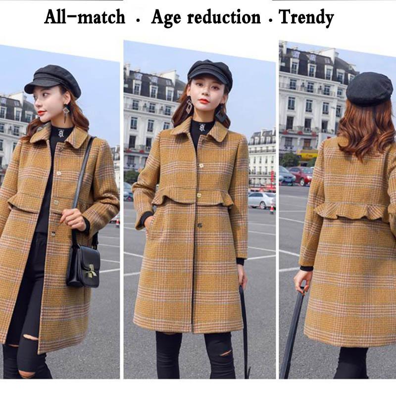 Woolen Coat Women's Mid-length Autumn and Winter Small Fashionable Plaid Coat with Fungus