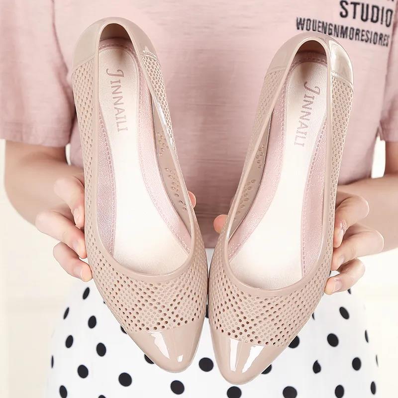 Women's Spring Summer Large Size Low Heel PVC Single Shoes Ladies Solid Color Hollow Breathable Casual Slip-on Shoes