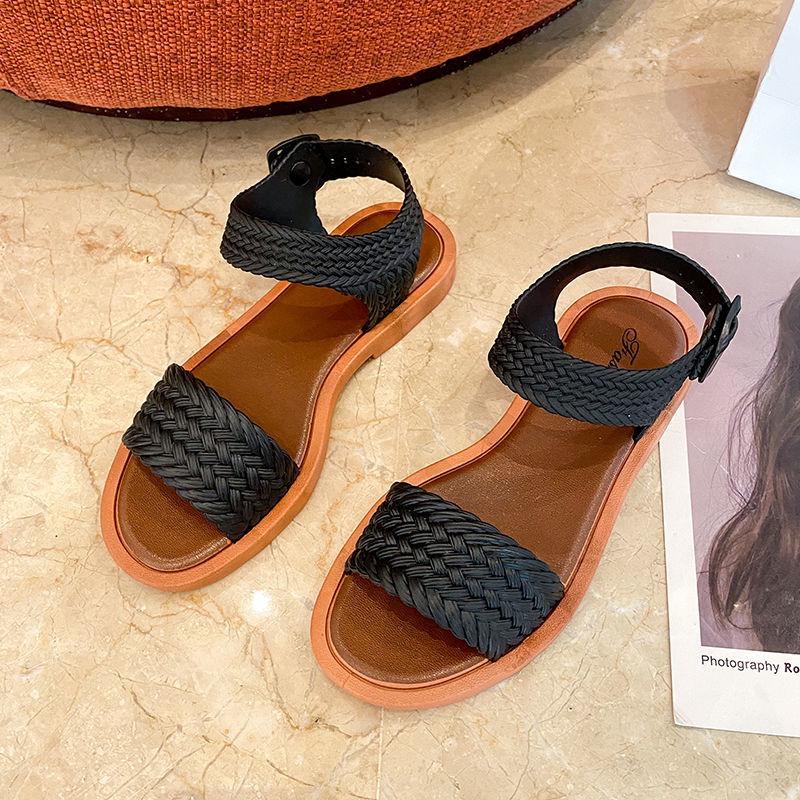 Summer Fashion Imitation Woven Buckle Strap Low heel Ethnic Style Ladies Sandals Slippers Open toe Fish Mouth Sandals Women