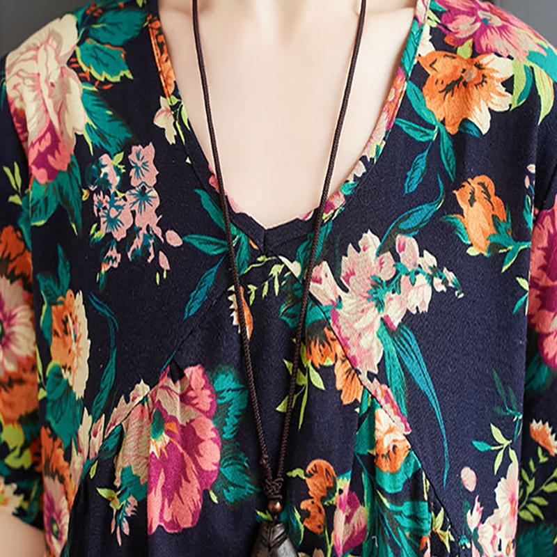 Oversized Retro Women's Cotton Loose Short-sleeved Floral Dress Loose Pleated Kaftan Robe