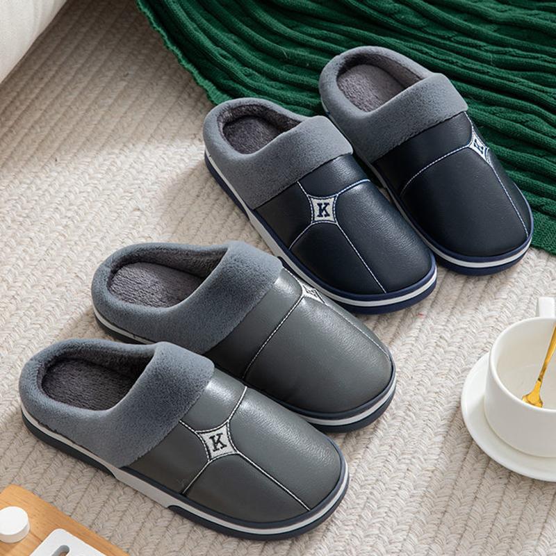 Lovers PU Lint Slippers Household Waterproof Thick-soled Warm Cotton Slippers Winter Indoor Couple Hair Slippers