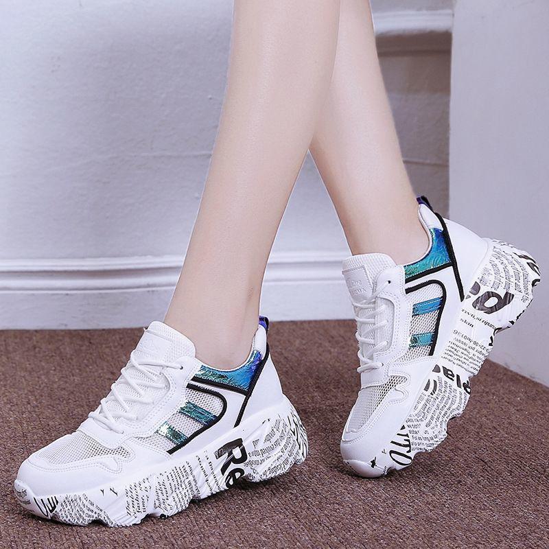 Spring  Summer Net Shoes Women's Wild Casual Breathable Sports Shoes Thick-soled Increased Shoes Non-slip Lace Running Shoes