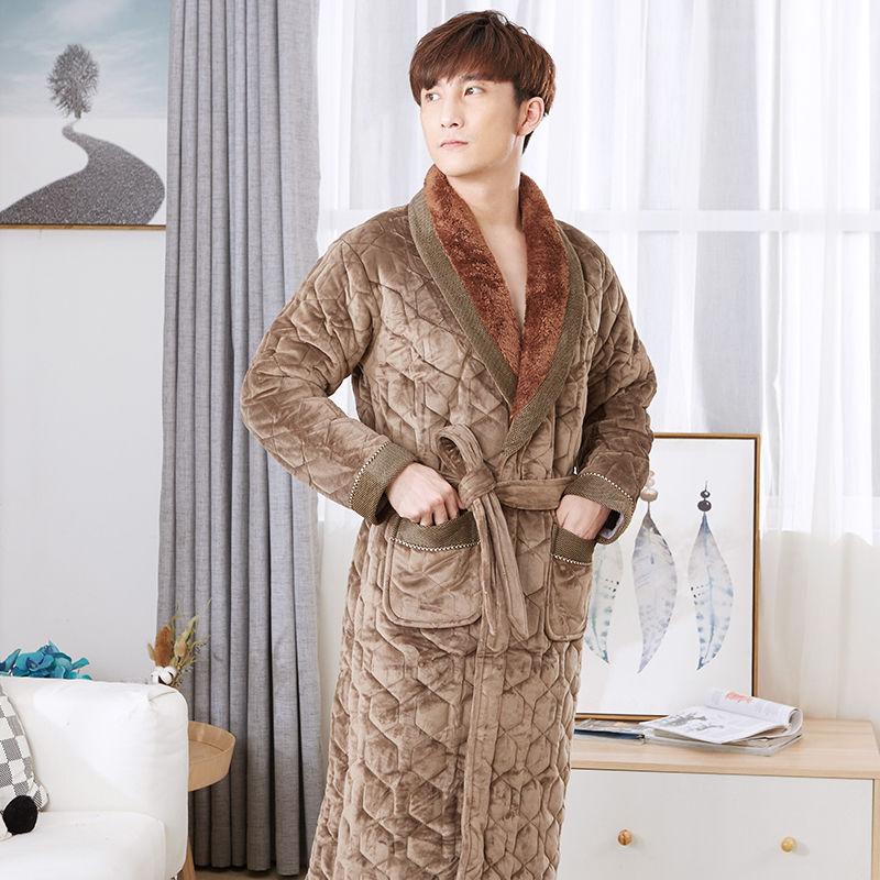 Winter Night Gown Thickened and Long Coral Fleece Quilted Flannel Winter Plus Velvet Bathrobe Pajamas Men