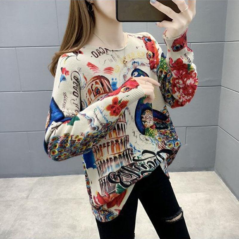 Peacock Pattern Pullover Sweater Women Fall/winter Ethnic Style Print Knit Sweater Outer Wear Jumper Tops