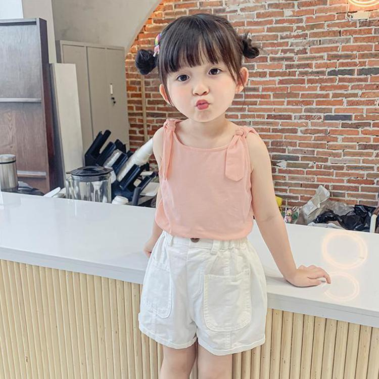 Summer Kids Cute Solid Vest Sleeveless Bow Tops Korean Style Slash Neck Loose Camisole Inside Out for Children Girls