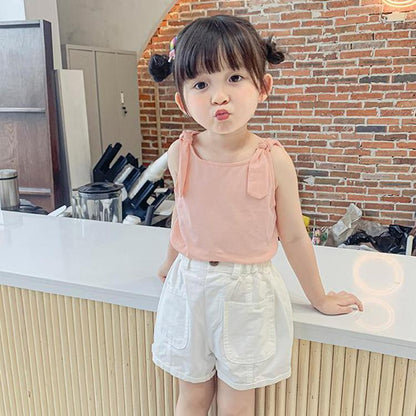 Summer Kids Cute Solid Vest Sleeveless Bow Tops Korean Style Slash Neck Loose Camisole Inside Out for Children Girls
