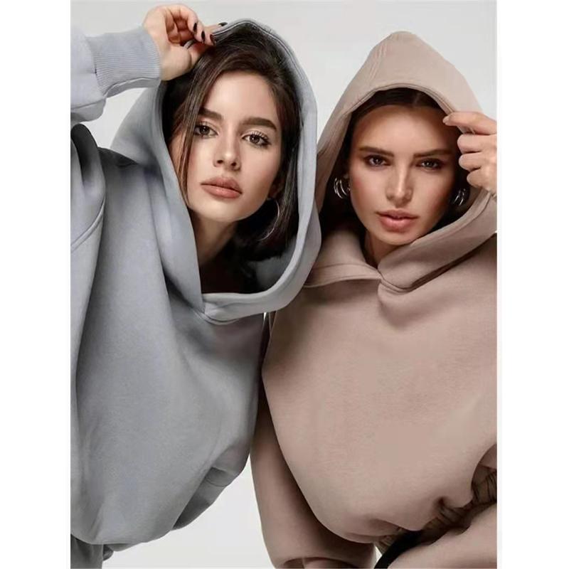 2PCS Autumn and Winter Solid Color Hooded Sweater Casual Two Piece Set Long Sleeve Pullover Sweater Fitness Jogging Pants Sports Suits