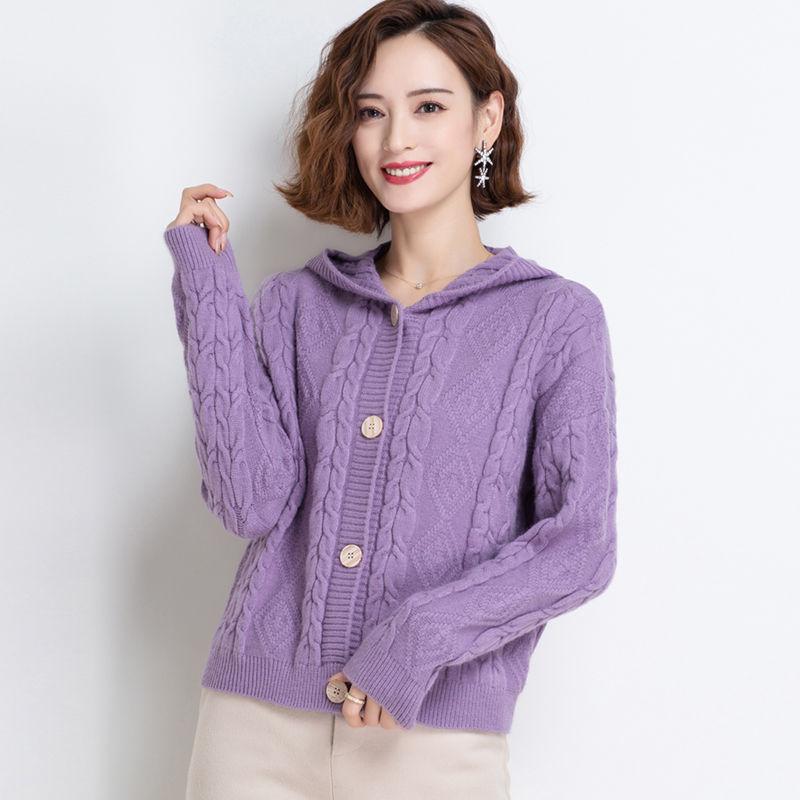 Autumn and Winter Knitted Hoodie Cardigan Short Loose Top Simple Solid Color Female Jacket