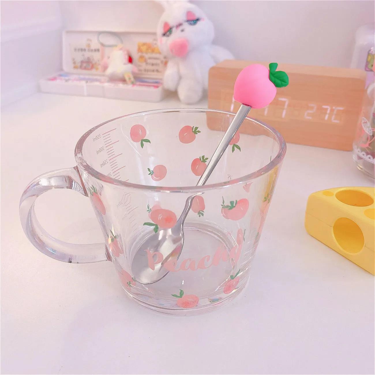 Cute Strawberry Peach Holding Cup Glass Bowl Breakfast Cereal Student Girl Milk Coffee Oatmeal Heat Resistant Kawaii Mug