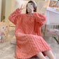 Women's Autumn Winter Thickened Coral Fleece Nightdress Large Size Loose Out Wear Warm Flannel Pajamas Solid Striped Crochet Maternity Pajamas