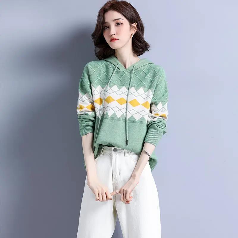 Hooded Sweater Women Rhombus Jacquard All-match Sweater Loose Pullover Women