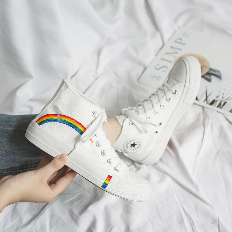Rainbow high-top canvas shoes students breathable all-match college wind shoes ins casual shoes