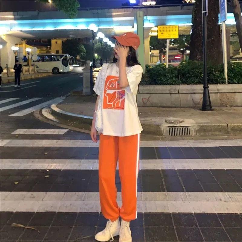 2PCS Women's Sports Suit Korean Version Loose T-shirt + Wide Leg Pants Two-piece Student Casual Suit