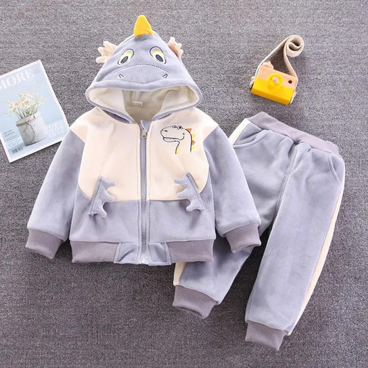 Baby Plus Velvet Suit Autumn and Winter Clothes Thickened Children's Winter Clothes Western Style Winter Hooded Fashionable Boy Clothes