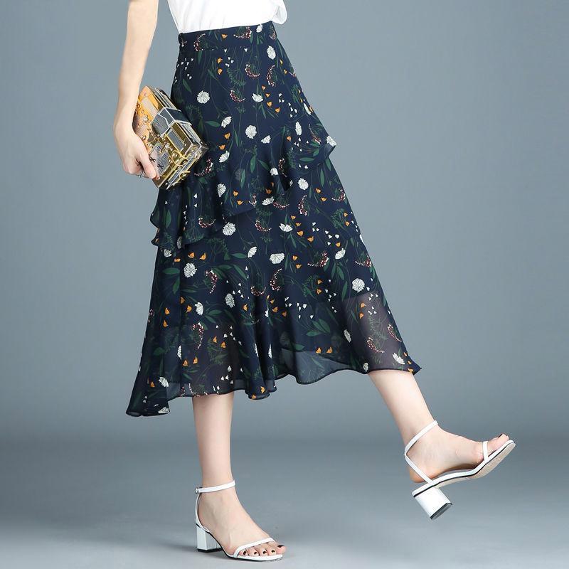 A-line Skirt Floral High Waist Thin Irregular Ruffle Big Wave Chiffon Midi Skirt Elastic Waist Mid-length Skirt