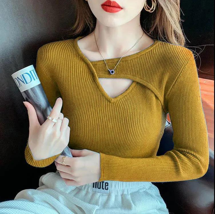 Women's Slim Fit Thin Bottoming Shirt Fashion Hollow Solid Color Sweater Large Size Long Sleeve Sweater