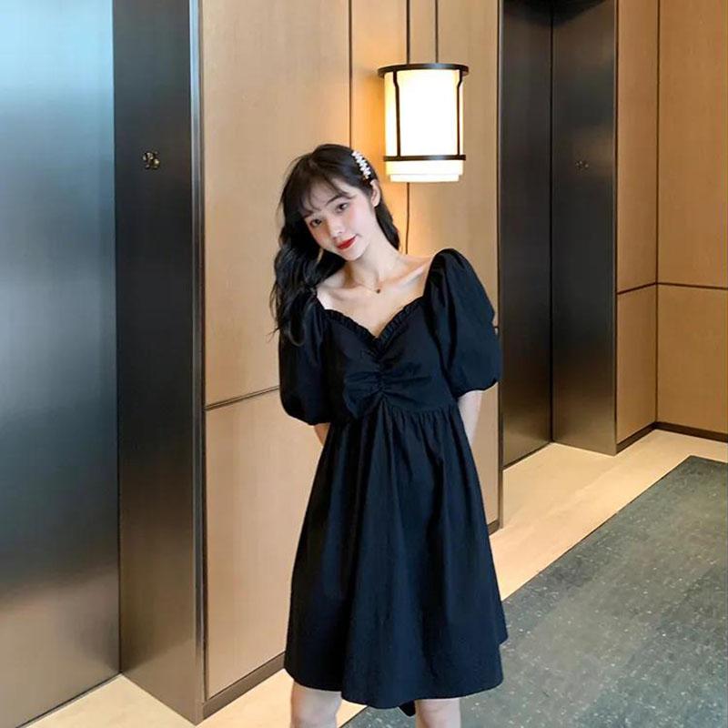 Women's Summer Puff Sleeve Dress Slim Solid Color V-neck A-line Skirt