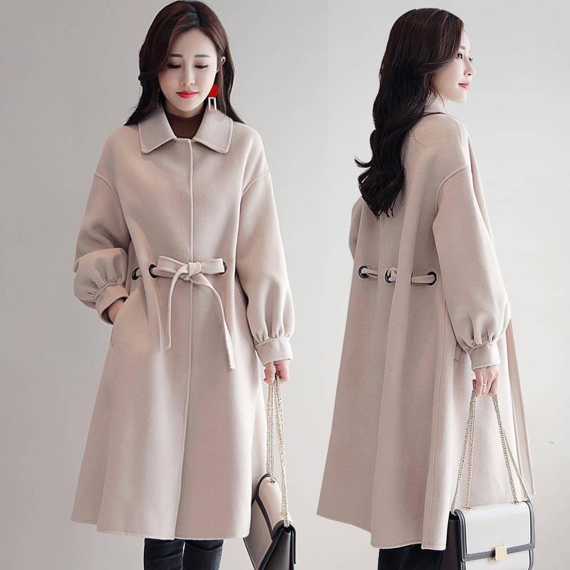Womens' Winter Wool Long Coat with Woolen Coat Side Pocke Lantern Sleeve Long Jacket Trench Coat