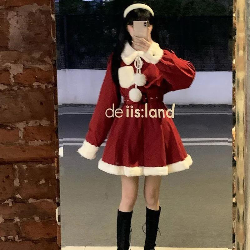 Winter Sweet and Cool Girl Thick Warm Fur Collar Stitching Prague British Girl Plus Cotton Windbreaker Dress