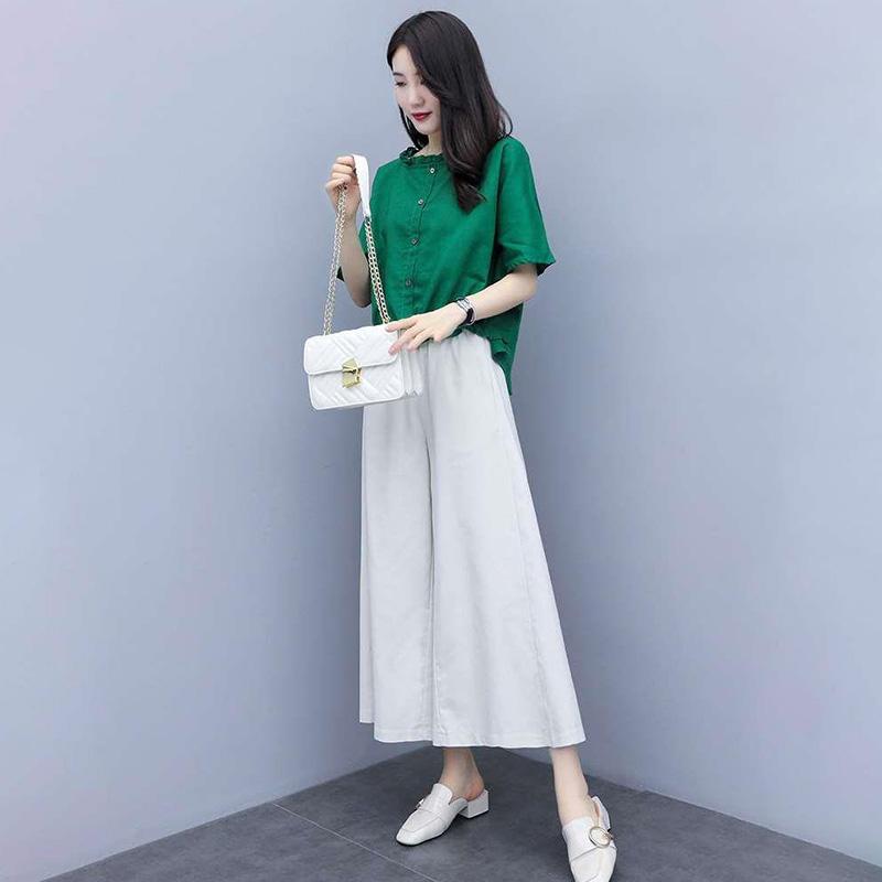 Cotton and Linen Large Size Loose Round Neck Short-sleeved Shirt Casual Wide-leg Pants Two-piece Fabric Lightweight Breathable Large Size Ladies Suit