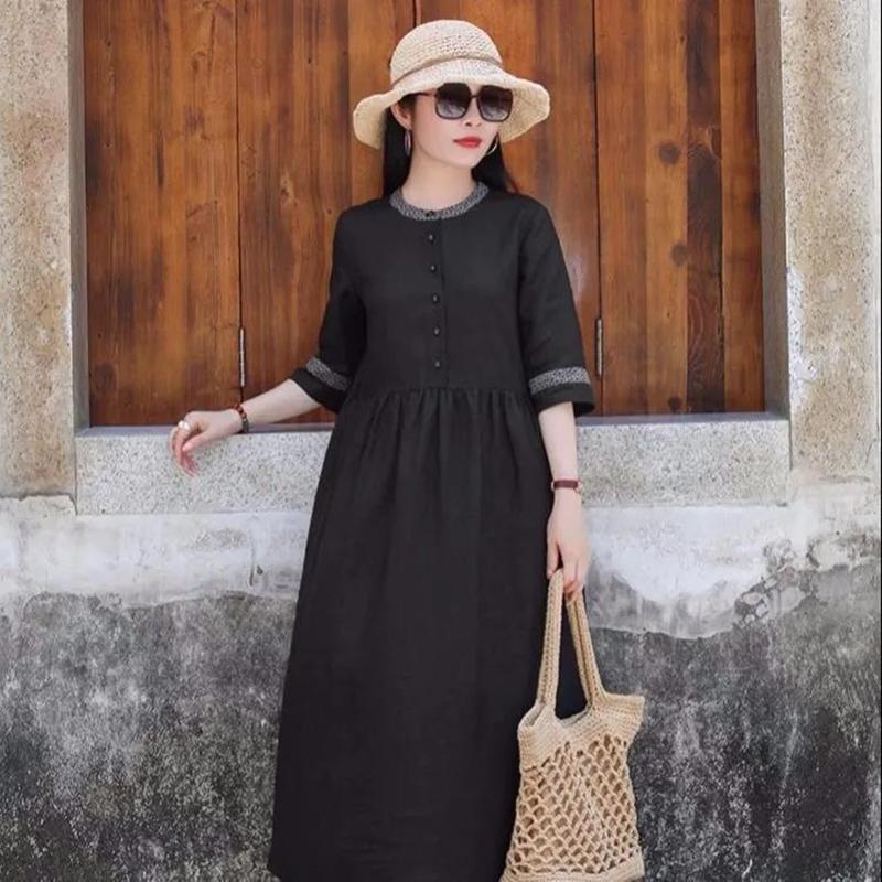 M-XXXXL Plus Size Ethnic Style Dress Linen Print Retro Cheongsam Round Neck Button Closure Dress with Belt