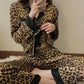 Women's Autumn Winter Sexy Leopard Printing Pajamas Long-sleeved Lapel Loose Homewear Suit Casual Out Wear Pyjamas Set Female Comfortable Nightgowns