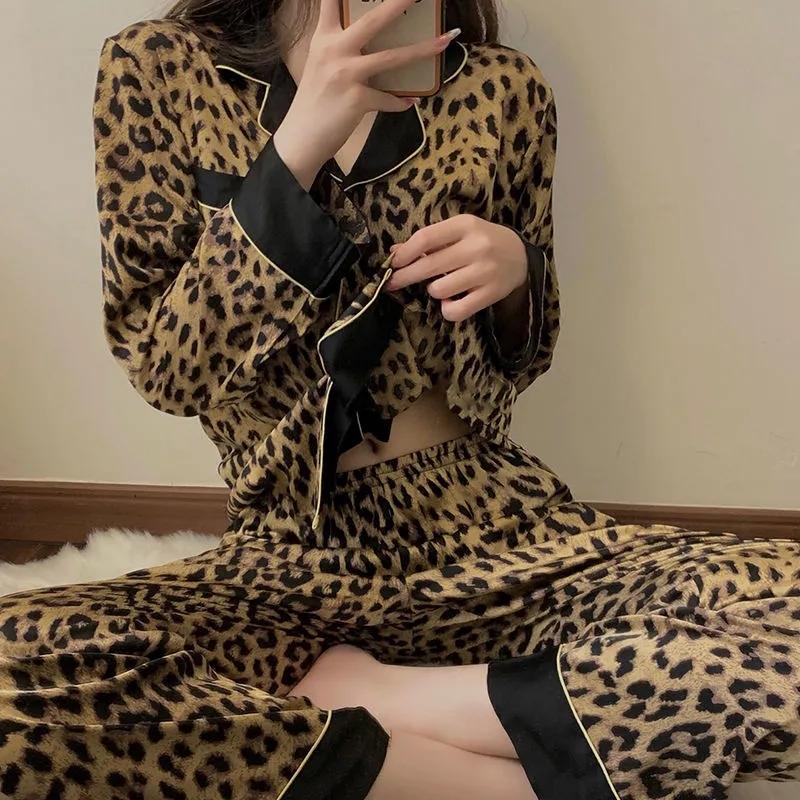 Women's Autumn Winter Sexy Leopard Printing Pajamas Long-sleeved Lapel Loose Homewear Suit Casual Out Wear Pyjamas Set Female Comfortable Nightgowns