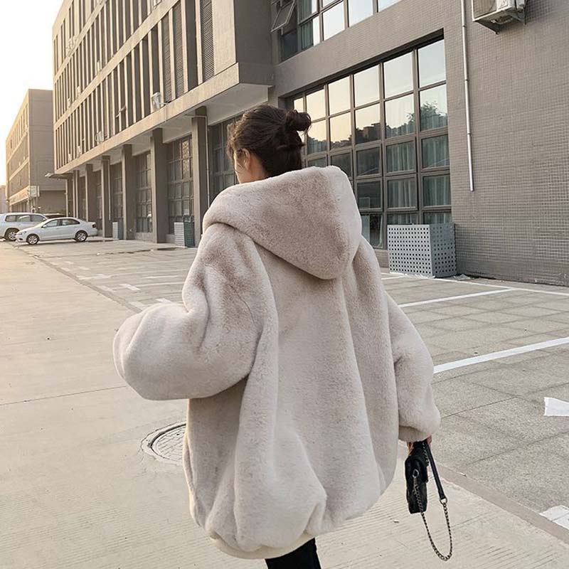 Autumn and Winter Imitation Rex Rabbit Fur Grass Loose Korean Fashion Mid-length Plush Coat Women Mid-length 2021 New Thick Hooded Jacket