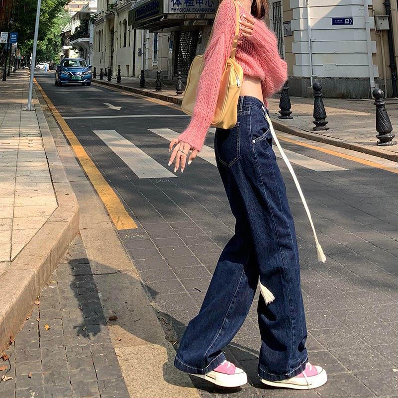 Retro Lace Jeans Women Autumn and Winter Loose High Waist Display Thin Straight Design
