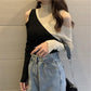 Fashion Design Contrast Sweater Strapless Sexy Long-sleeved Sweater Women's Half High Neck Bottoming Top