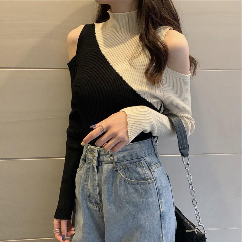 Fashion Design Contrast Sweater Strapless Sexy Long-sleeved Sweater Women's Half High Neck Bottoming Top