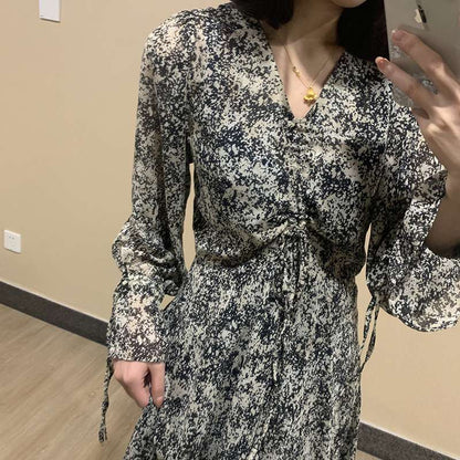 Floral Dress Black Over The Knee Long Sleeve Dress Women French Retro V-neck Summer Chiffon Skirt