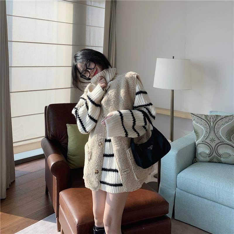 Pofulove Wild Thickened Knit Tide Winter Warm Long Striped Turtleneck Sweater Girl Student Loose