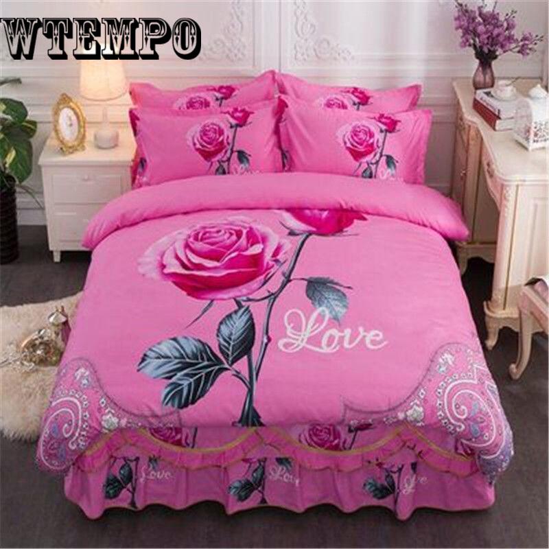 Flowers Print Bedspread Cotton Bed Skirt Bed  Fitted Sheet Bedding Bed Sets Queen King Size