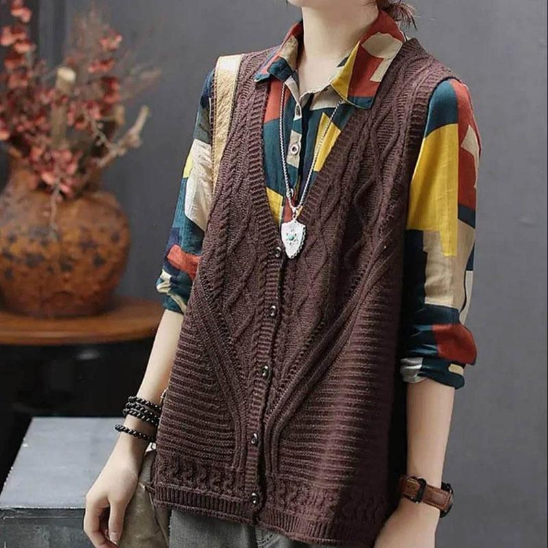 Spring and Autumn Loose Casual Sweater V-neck Cardigan Knitted Vest All-match Retro Female Top