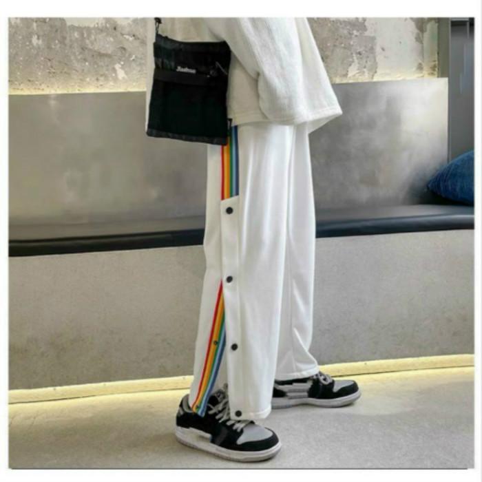 Spring and Summer Thin Ins Sweatpants Men's Rainbow Striped Sweatpants Loose Straight Side-breasted Guard Pants