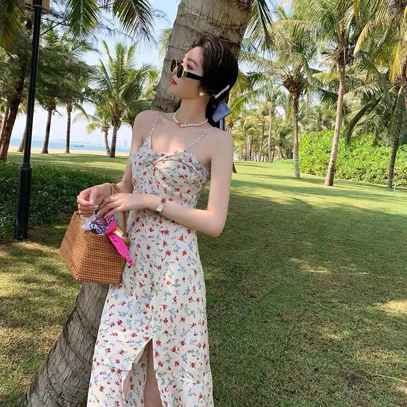 Floral Pearl Sling Dress Summer Mid-length Split Sweet First Love Dress