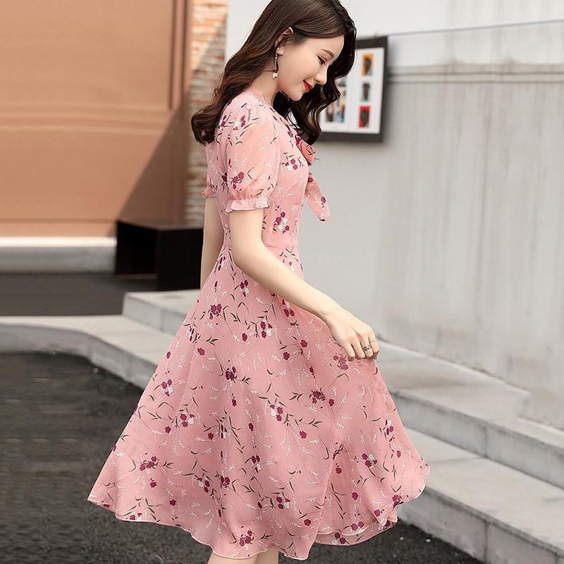 Sweet Chiffon Small Floral Bow Tie Dress Fairy Summer French Niche Short-sleeved Printed Slim Skirt Light and Breathable Mid-length Dress