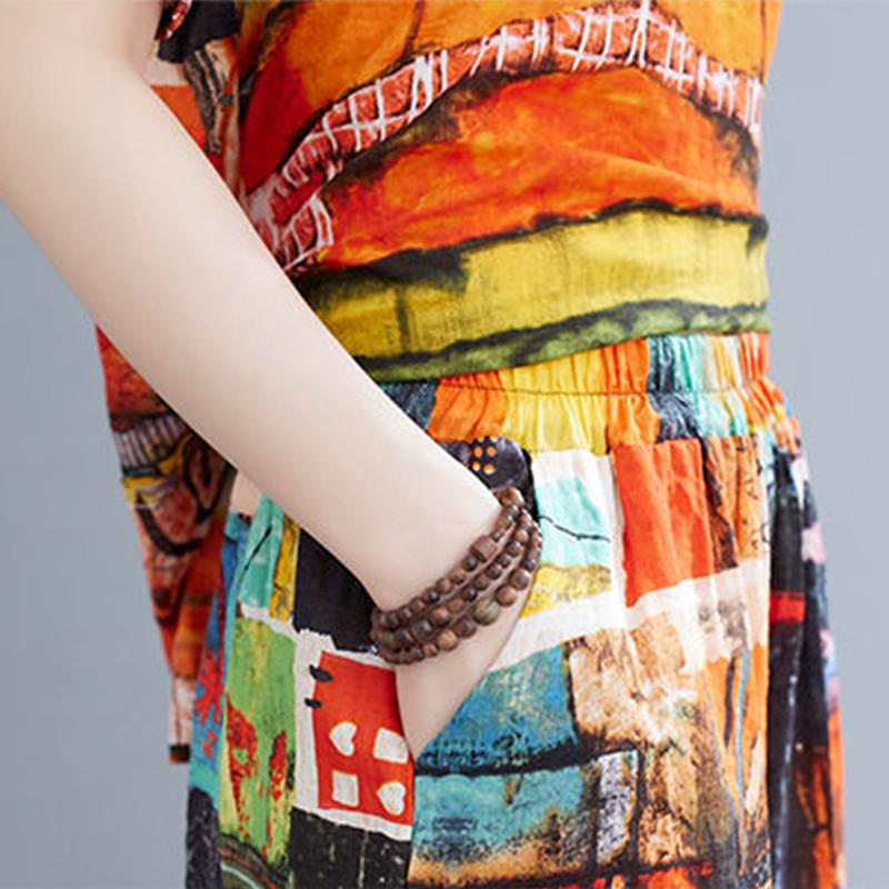 Two-piece Suit Cotton Large Size Ethnic Style Suit Female Summer Literature and Art Retro Short-sleeved Wide-leg Nine-point Pants Loose
