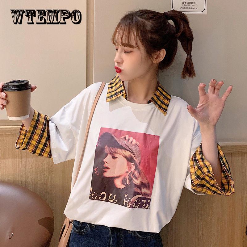 Tops Women Fashion Ladies' fake two-piece shirt T-shirt Patchwork Bandage Casual Blouses