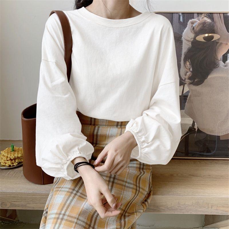 Fall Solid Simple oversized Tee harajuku long T Shirt Women T-shirts White Black long Sleeve Pullover