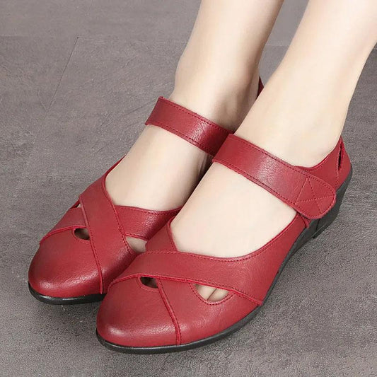 Women's Flat Sandals Summer Casual Flat PU Leather Sandals Mother Shoes Soft Bottom Comfortable Breathable Non-slip Sandals