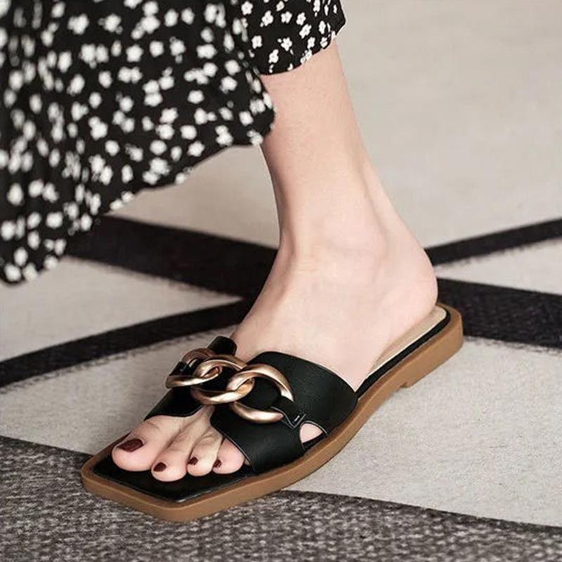 Full-leather Metal Buckle Open-toe Sandals and Slippers Women's Summer Square Head Flat-bottomed Fashion Half Slippers