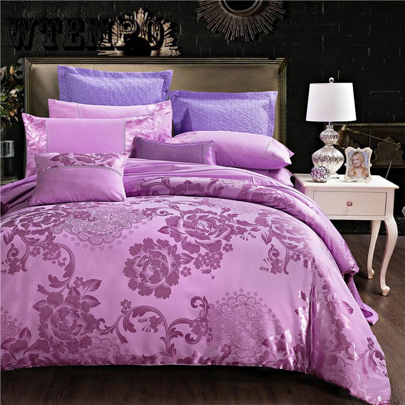 4pcs Stain Silk Jacquard Cotton Lace Duvet Cover Bedding Set Luxury King Queen Size Bed Sheet Set