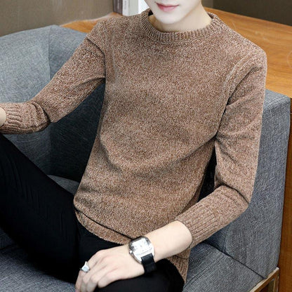 Plus Velvet Thickened Chenille Sweater Men's Autumn and Winter Korean Version of The Trend of Bottoming Shirt Round Neck Sweater Solid Color