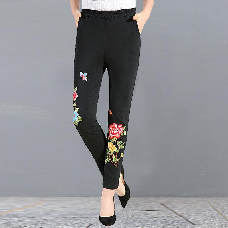 High-waist Leggings Women's Outer Wear Stretch Pants Plus Size Pants Ethnic Style Embroidery Slim-fitting Pants
