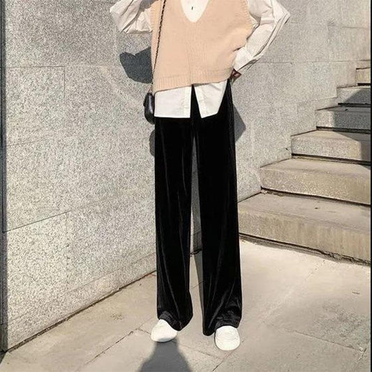 Gold Velvet High-waisted Wide-leg Pants Women Spring and Autumn Drape Loose Straight All-match Velvet Mopping Trousers
