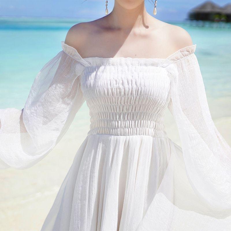 Woman skirt word shoulder chiffon dress female summer seaside beach skirt slim wild white dress