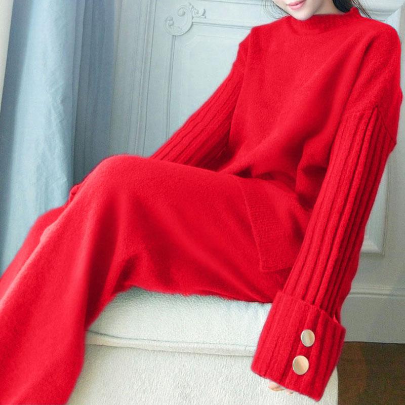 2pcs/set Women Knitted Tracksuit Two-piece Sweater Women's Solid Color Thick Turtleneck Sweater and Loose Knitted Wide-leg Pants Two-piece Set Outfits